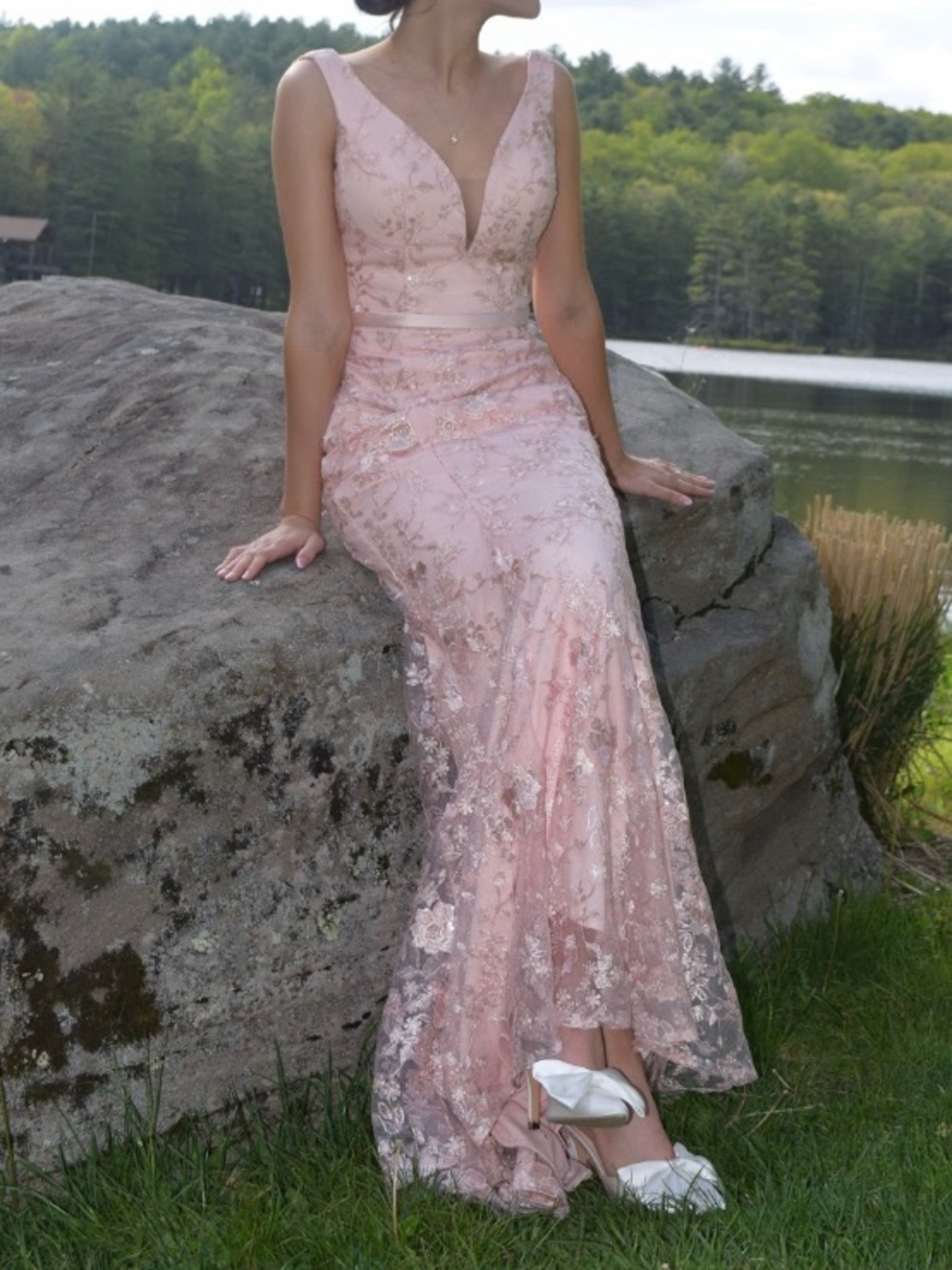 Elegant Blush Pink Lace Evening Gown